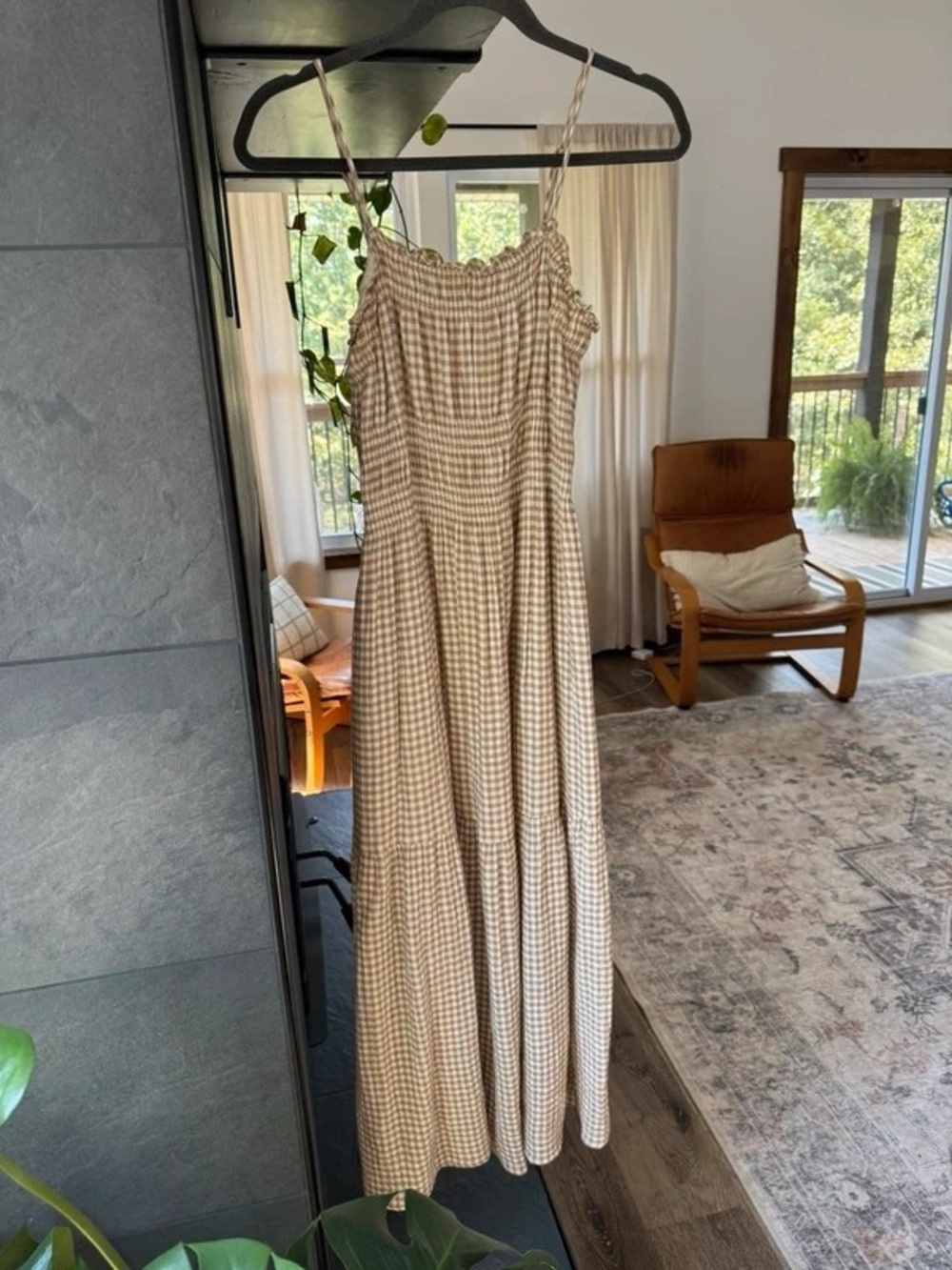 Neutral Gingham Smocked Maxi Dress with Adjustable Straps